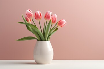white vase with pink tulips - obrazy, fototapety, plakaty