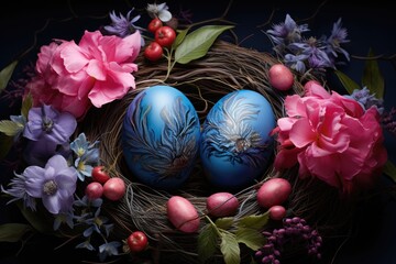 easter eggs tied around a nest with pink and blue flowers