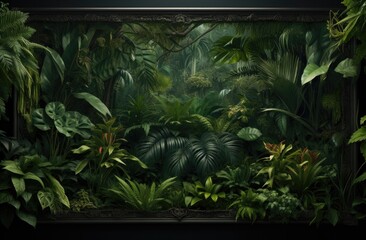 a black frame surrounded by green plants