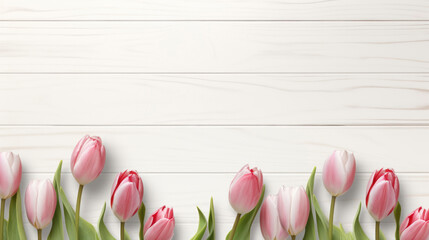 Wooden white background banner with copy space for text and several tulip flowers. For Mother's Day, March 8 international Women's Day, Spring Easter Holiday Concept. Copy space.