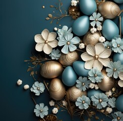 a blue background with easter eggs and flowers