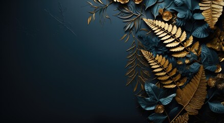 a blue background with gold leaves and ferns