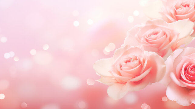Pink gradient background with pink roses, Festive background banner with bokeh. For Mother's Day, March 8 international Women's Day, birthday, Spring Easter Holiday Concept. Copy space.