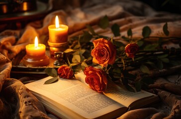 a candle, roses and an open book lying on a blanket