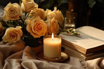 Obraz premium a candle, roses and an open book lying on a blanket