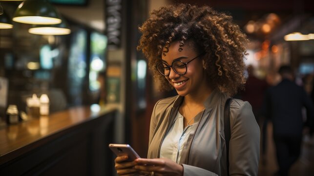 A Businesswoman Looking At Her Phone While Standing In Line At A Coffee Shop