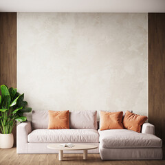 Peach fuzz trend color year 2024 in the premium livingroom. Painted mockup wall for art - microcement pastel beige warm colour. Modern room design interior lounge. Accent premium pillow. 3d render 