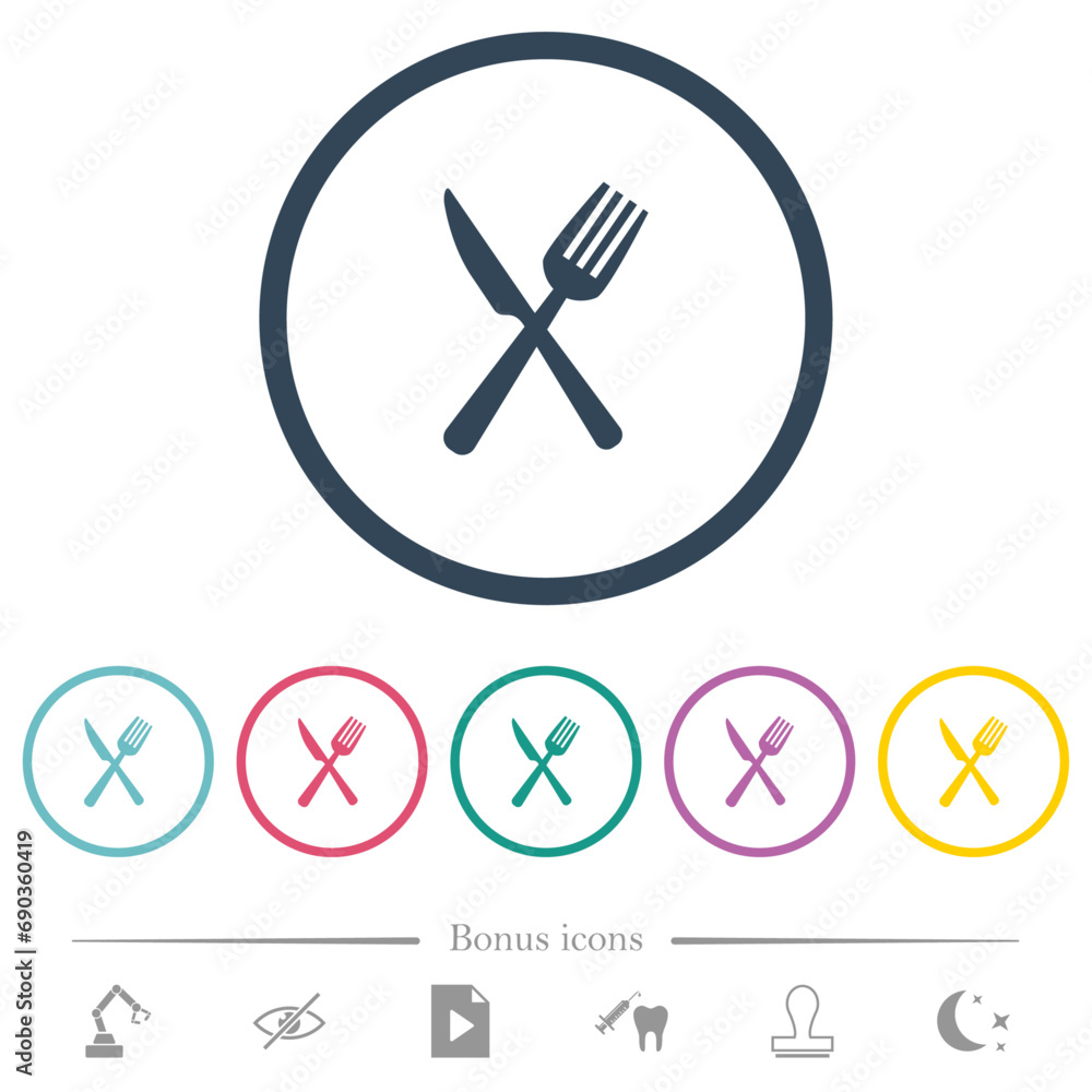 Poster fork and knife in crossed position flat color icons in round outlines