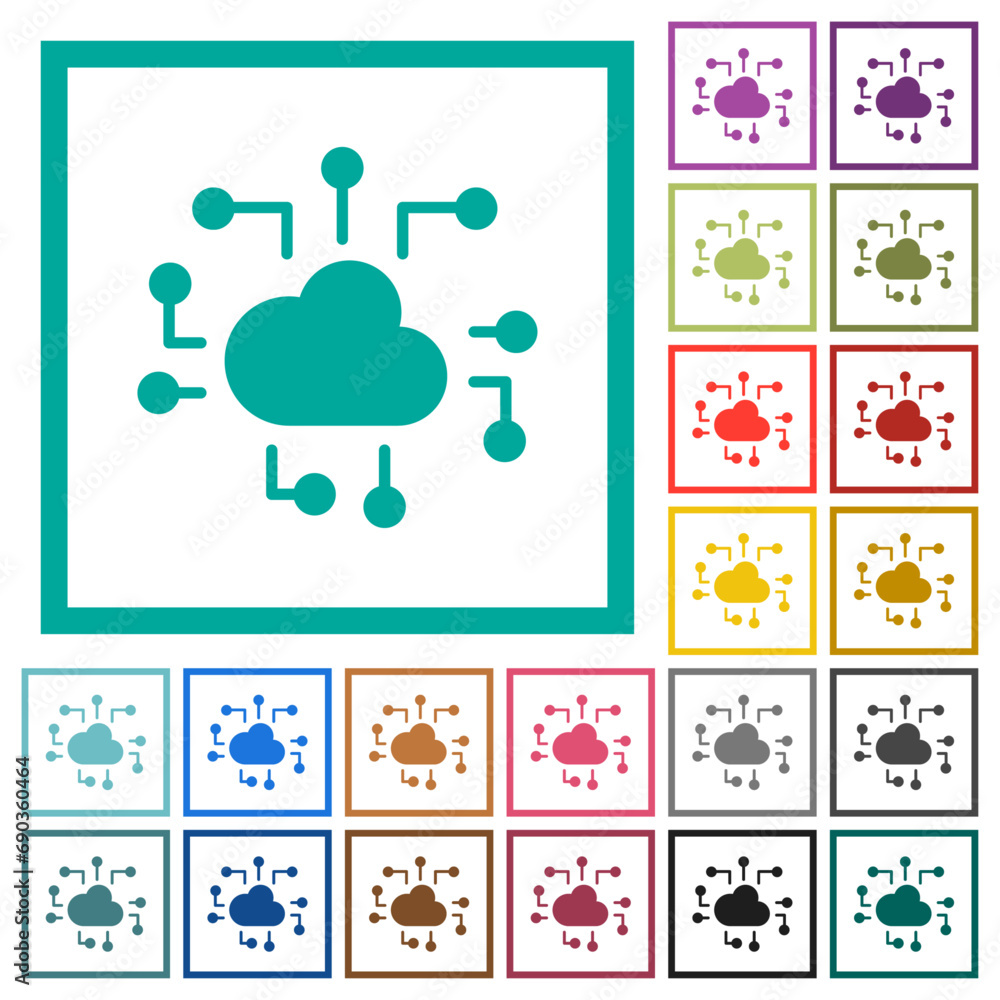 Poster cloud technology solid flat color icons with quadrant frames