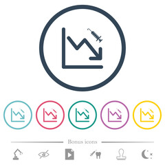 Falling vaccination graph flat color icons in round outlines