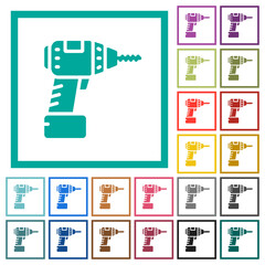 Cordless drill flat color icons with quadrant frames