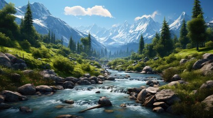 a river in the mountains is full of rocks