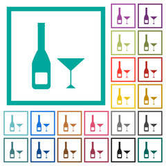 Wine bottle and glass flat color icons with quadrant frames