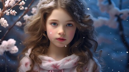 A young girl with blue eyes is standing in the snow