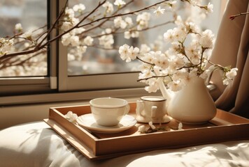 Fototapeta na wymiar a tray with coffee and flowers on a window sill