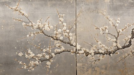 A painting of a branch with white flowers