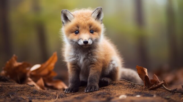 A baby fox sitting on the ground in the woods