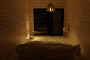 3D rendering of wooden bedroom with wooden planks and illuminated lamps at night