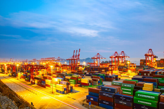 Yangshan Port, Zhoushan City, Zhejiang Province - Night view of the cargo terminal