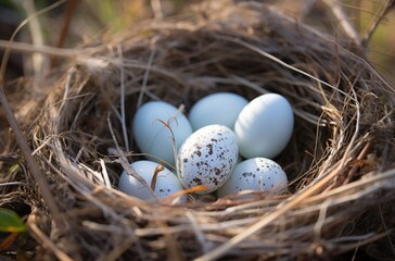 Naklejka na ściany i meble a white bird hen nest has 2 eggs with feathers in it