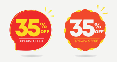 35% off. Tag, sticker, special offer. Advertising for sales, promo, discount, shop. Poster ten percent off price, value. Red and yellow balloon. Vector, symbol, icon
