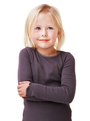 Happy, smile and child with crossed arms on a white background with style, joy or positive facial...