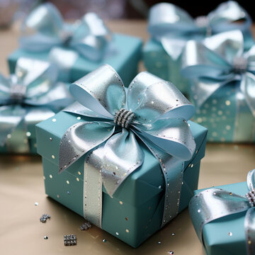 Tiffany Blue Ribbons and Silvery Blue bows on Sparkling Mint Gift Boxes, Beautifully Wrapped for a Special Occasion