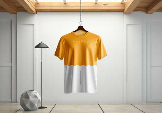 T-Shirt Mockup Hanging in Minimal Interior &ndash; Realistic Apparel Template for Fashion, Branding, or Clothing Design Presentation