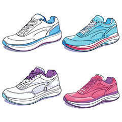 four sport sneakers set flat vector illustration. four sport sneakers set hand drawing isolated vector illustration