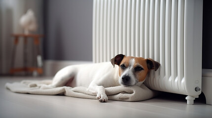 dog sleeps near a white radiator in the living room created with Generative Ai