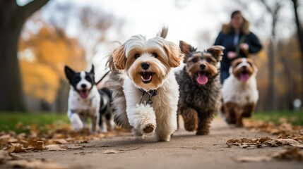 A pack of dogs sprinting along a trail. - obrazy, fototapety, plakaty