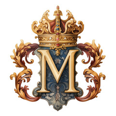 Letter M and Gold Crown - monogram font typeface - isolated - renaissance rococo baroque style - PNG with transparent background - obrazy, fototapety, plakaty