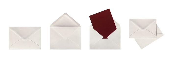 Set of gray paper envelopes isolated. Gray paper envelope with dark red or burgundy card. PNG with...