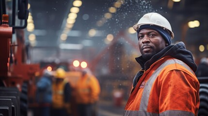 Factory worker, dressed in hard hat and orange jacket