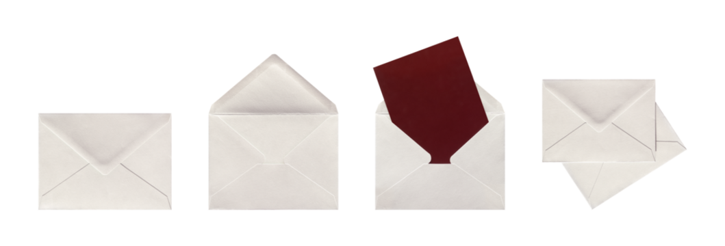 Set of gray paper envelopes isolated. Gray paper blank envelope with dark red or burgundy card. PNG with transparent background. Clipping path. Copy space. Flat lay. Top view
