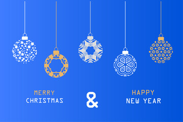 Merry Christmas modern card banner with hanging ball decorations. Merry Christmas and happy new year. Greeting text vector illustration