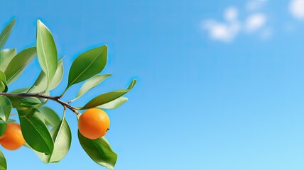 an orange tree branch with vibrant green leaves set against a clear blue sky, capturing the essence of nature's beauty in a minimalist composition.