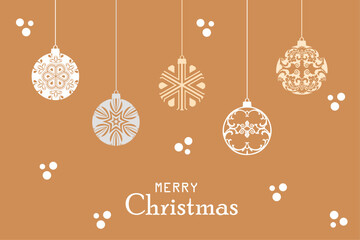 Merry Christmas modern card banner with hanging ball decorations. Merry Christmas and happy new year. Greeting text vector illustration