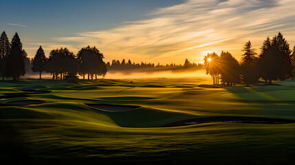 Naklejka na ściany i meble golden sunrise on the green: a peaceful morning on the golf field