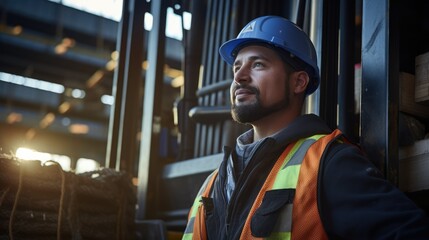 A forklift operator in protective gear stands beside his vehicle.