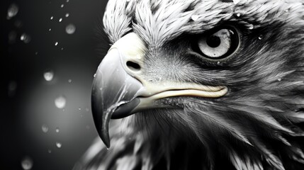 Close-up of an eagle's head. Bird of prey in search of prey. Illustration for cover, card, postcard, interior design, banner, poster, brochure or presentation.