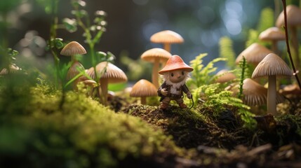 A tiny gnome stands before a mushroom forest, adding charm to the enchanting miniature scene.