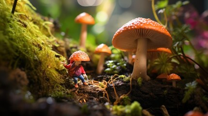 A small figure stands in front of a mushroom, adding a touch of magic to the scene.