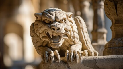 A stone lion sculpture that displays its roaring, majestic and violent expression.