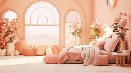 modern living room in peach fuzz color, ai generated