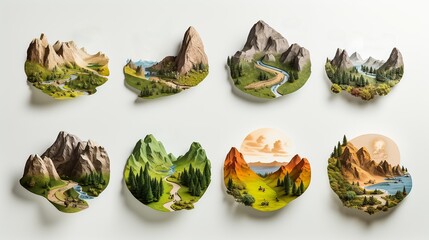 Set of round icons with various landscapes, isolated on the white background.