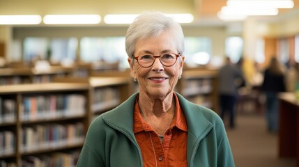 An elderly woman wearing glasses stands in a library, surrounded by shelves of books.