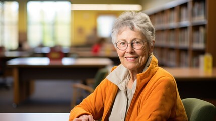 An elderly woman engrossed in reading at a library table, surrounded by books and a serene ambiance.
