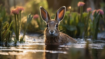 A rabbit gracefully swims amidst blooming flowers in a serene pond.