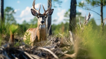 A deer standing in a forest, surrounded by tall trees and lush greenery.